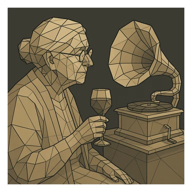old lady with wineglass listening to gramophone sticker