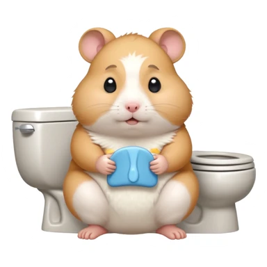 Cute chubby cartoon-style hamster sitting on toilet pooping looking as if he had an accident sticker