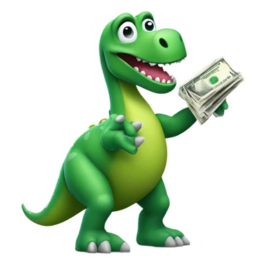 Green dinosaur holding money ￼ sticker