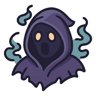 vector emoji of a shadowy, faceless reaper head, tattered and ruffled hood, flat colors, smoke and shadow effects, surprised expression created by light and shadow passing through the hood, ethereal and dark sticker