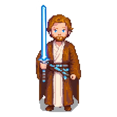 Obi-Wan Kenobi from Star Wars, pixel art style, holding a blue lightsaber, classic Jedi look sticker