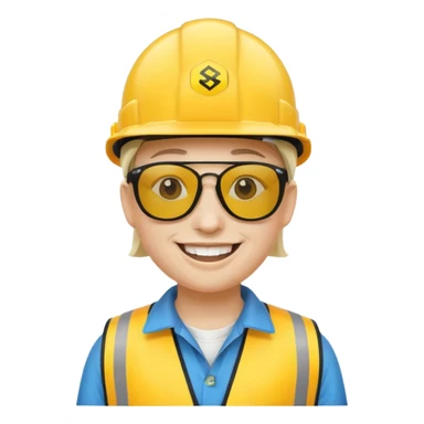 emoji d'un bonhomme, casque de chantier avec logo SRE, lunettes swag, sourire large, style emoji Apple sticker