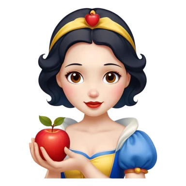 Cinematic Realistic Snow White Portrait, depicted with lifelike skin texture, soft natural lighting, and intricately detailed black hair styled with a red ribbon. Her soft brown eyes radiate innocence and kindness, complemented by a warm, gentle smile. She holds an apple in one hand, her other hand resting against her cheek, embodying her purity and charm. She is dressed in her classic yellow, blue, and red gown, the fabric rich in texture with delicate folds that catch the light beautifully. The portrait features a soft, natural glow with a radiant finish, capturing the essence of timeless beauty in a realistic and painterly style. sticker