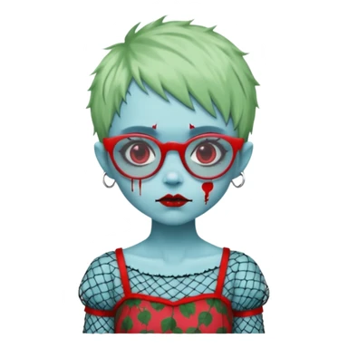 Ghoulia yelps monster high doll in scene/emo style cherry print dress with fishnet sleeves, clothes, thin, small, red, rectangle glasses, pale white-blue skin, pale-green shaggy pixie-cut , zombie scars , boy sticker
