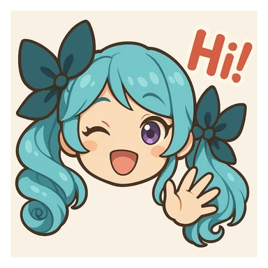 Make sure Gwen from League of Legends has both hair bows visible, keep the hi expression, only head and hand visible, right eye is purple, in chibi emote style, cute and expressive. sticker
