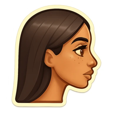Create a side view (profile) of this woman's head, matching the same cartoon emoji style, with long dark hair and similar facial features. Variant 1. sticker