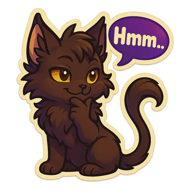 a dark-brown fluffy cute kawaii anthropomorphic furry anime cat-furry with tufted ears, golden eyes, and a long thin tufted tail, thinking, smirking thoughtfully, saying “Hmm..” with a purple speech bubble, (cartoon style) (cute anime style) (furry style) (deviantArt style) (artist style: Kamirah) sticker
