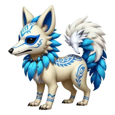 Furry cute colorful exotic tribal feral anime-styled Fakémon-Pokémon-animal-creature with a white wolf-skull-head-mask-face, and blue feathers around neck, with long furry ears, long furry tail, 4 legs, (full body), with intricate pattern-markings sticker