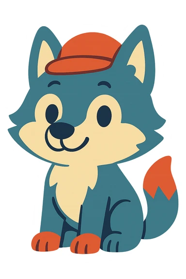 cute wolf wearing a red hat, colorful cartoon style sticker