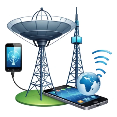 An icon featuring a satellite dish, a cell tower emitting signals, and a smartphone displaying a chat interface. The design includes fiber-optic cables and data waves, symbolizing global communication, connectivity, and information exchange. Transparent background. sticker