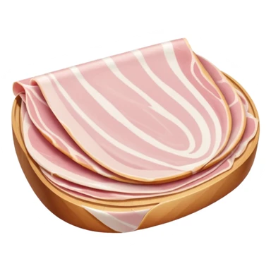 realistic jambon blanc, thin folded slices, pale pink, smooth edges, glossy moist, natural curve, gentle folds, white fat marbling, uniform delicate color, no bread, plate, packaging, or faces, clean 3D, soft lighting, transparent background, emoji scale sticker