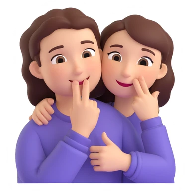 A person hugging another person with a mysterious smile and a finger to their lips sticker