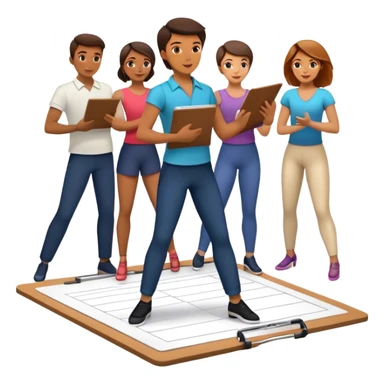 Icon for Choreography: a dance floor with a choreographer holding a clipboard, giving instructions to a group of dancers in motion. The icon should capture the art of movement and direction in dance. Transparent background. sticker