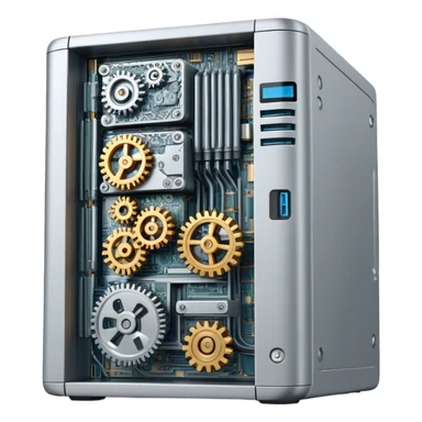 Computer server with gears and code symbols representing DevOps automation sticker