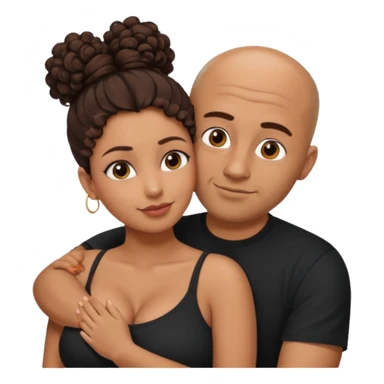A picture of a tanned couple embracing. the man is a Mexican man with tanned skin, a bald hair cut, short beard and wearing a black shirt. the woman is mixed, with curly brown hair in a messy bun and with big boobs  sticker