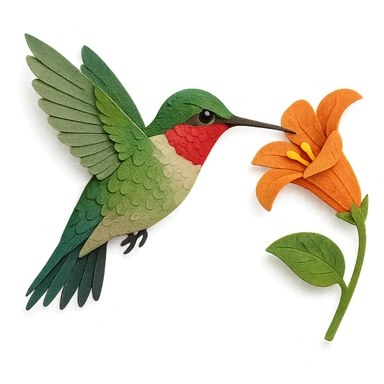 very detailed ruby-throated hummingbird, intricate cut paper textures, iridescent green feathers, bright red throat, hovering near a flower sticker