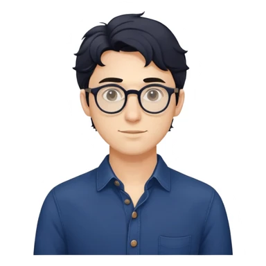 Young caucasian man with slightly longer wavy black hair, round glasses, torso only, wearing dark blue relaxed buttoned-up shirt sticker