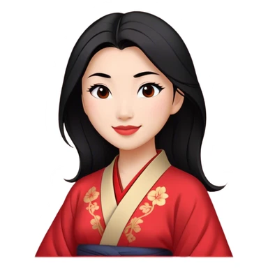 Cinematic Realistic Radiant Mulan Portrait, presenting Mulan with a warm, confident smile and lifelike light-toned skin that appears almost luminous under natural daylight. Her sleek black hair is rendered in meticulous detail, and her traditional robe—accented with understated red highlights—is depicted with realistic fabric textures and folds. The overall image exudes a gentle, inviting glow, high shine, and refined detail that captures her poised elegance and inner resilience in a painterly, authentic style. sticker