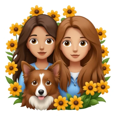 A long-haired girl is holding a brown Border Collie in the flowers sticker