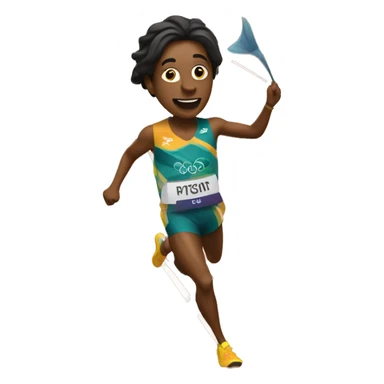 Olympic runner crossing the finish line holding a fish sticker