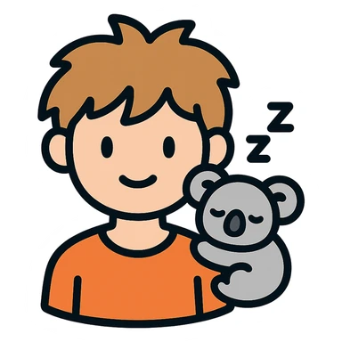 light brown messy haired boy with a very small sleepy koala on his shoulder, color outline icon sticker
