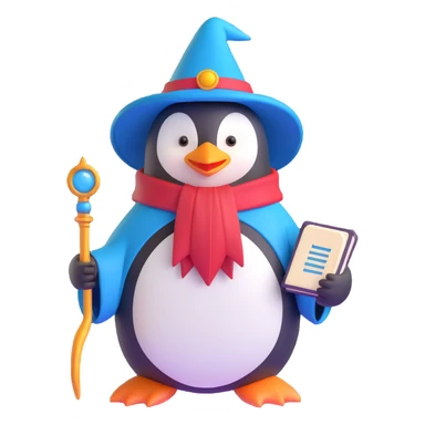 A penguin wizard wearing a wizard hat and holding a spellbook sticker