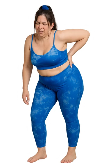 a woman in her 30s  holding her lower back with a pained expression. Subtle visual cues, like uneven shoulders or hips, hint at postural asymmetry. symbolizing chronic pain over the years. vista anatomicamente non farla troppo grassa sticker