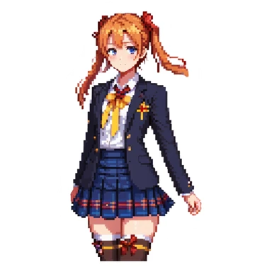 Honoka Kosaka from Love Live standing in Otonokizaka High School courtyard, orange side ponytail with yellow ribbon, blue eyes, navy blazer, red ribbon at collar, blue tartan skirt, black knee socks, brown loafers, cherry blossom petals floating, spring breeze, cheerful and determined expression sticker