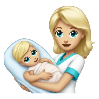 female nurse with blonde hair with curtain bangs and blue eyes holding a newborn baby sticker