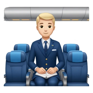 A  male courteous flight attendant checking seat rows with a polite, attentive posture. sticker