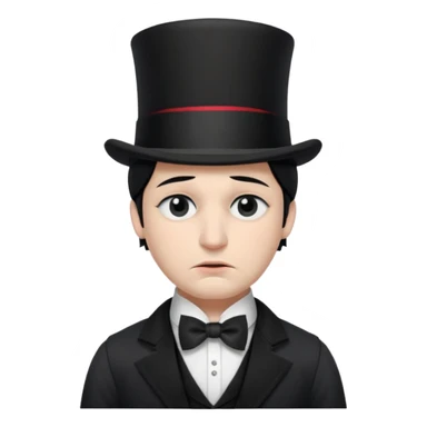 A man with snow white skin, a black half mask with an eye hole, a black top hat, a black vest with a black tie tucked underneath, and a white collared shirt. A frown, and closed eyes. sticker