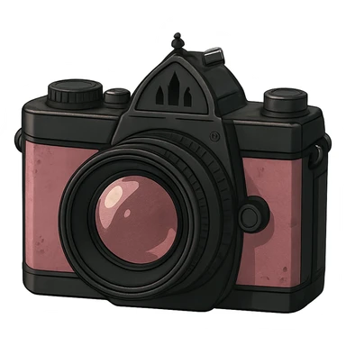 gothic camera, black and pink, ghibli style sticker