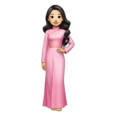 asian girl with fair lips, wavy black hair posing with pink ao dai full body side pose sticker