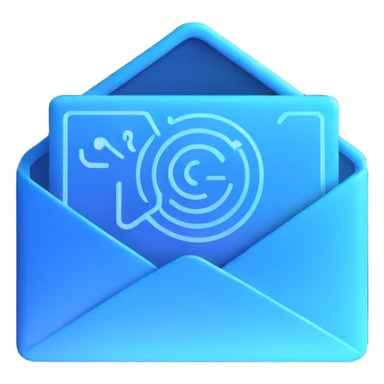 modern futuristic emoji for AI newsletter, holographic mail icon with circuit patterns and subtle blue glow, clean and techy look sticker