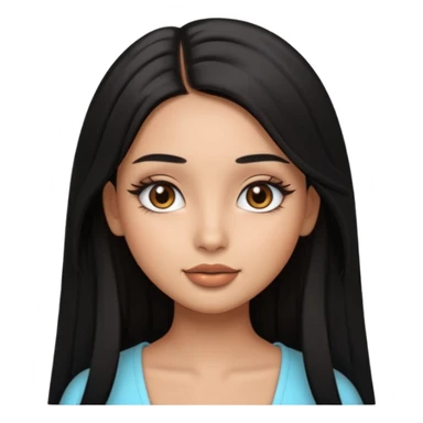 pretty cartoon girl, semi-realistic 3D emoji style, long middle parted straight black hair, tan skin, brown eyes, long eyelashes, soft glam makeup, glossy lips, smooth skin, cute aesthetic,  sticker