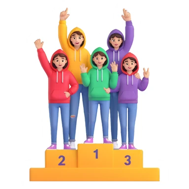 three people in jeans and hoodies on a winners podium labeled 2, 1, 3 left to right, center person on 1 step holding up one finger on each hand, bright, cheerful, expressive, 3D emoji illustration sticker