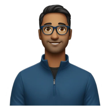 29 year old indian tech founder clean shaven in blue quarter zip with black tortoiseshell glasses sticker