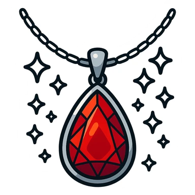 A fiery red teardrop ruby pendant suspended in a delicate silver chain, surrounded by glistening white stones sticker