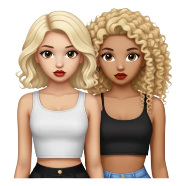 Two teenage girls together, one white with straight blonde hair and one brown-skinned with curly dark hair, both with heavy makeup, big lips, crop tops and choni style clothing sticker