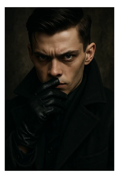 Kaz Brekker from Six of Crows, close-up portrait, piercing eyes, black gloves visible, wearing high-collared coat, gritty dramatic lighting sticker