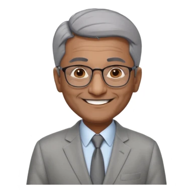 60 yr old indian man, short straight dark grey hair brushed foreward , light grey business suit, big smile, dark brown skin, no moustache, dark brown eyes, glasses
 sticker