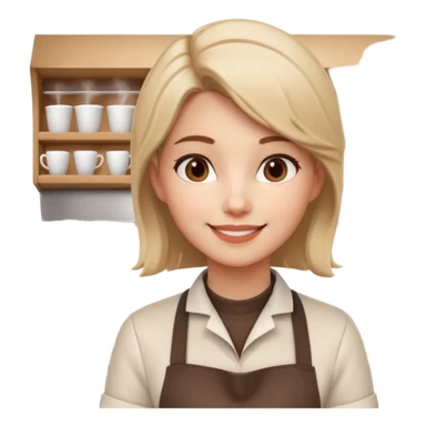 female barista portrait, head and shoulders only, wearing coffee shop apron collar, holding a takeaway cup near face, warm friendly smile, cozy cafe vibe, 3D cartoon, mobile game icon style, clean background, no text, no watermark
 sticker