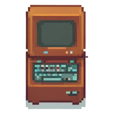 A pixel art style business card with a blue background and white text, featuring a simple, retro computer icon. sticker