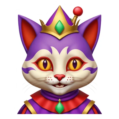 crazy colorful cute little cat jolly joker from poker, medieval, vintage, court jester, mac os icon, purple, gold and red color, half body. Squared shape as 3D mac os icon, skeuomorphic sticker