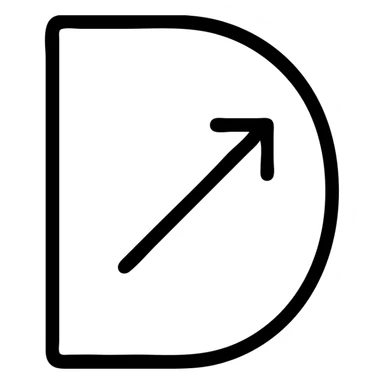 Flat, minimalist black letter "D" with thin white/silver outlines, containing a small diagonal right-pointing arrow (up-right direction) sticker