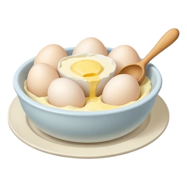 a dozen eggs, a ceramic mixing bowl with a wooden spoon and a plate of butter sticker