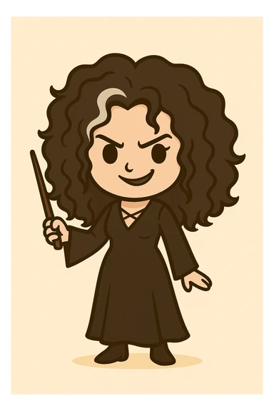 Add a wand in the hand of Bellatrix, keep the white streak in her voluminous, messy, curly black hair, wearing a long black dress, with a mischievous expression, in chibi sticker style, with a light beige background. sticker