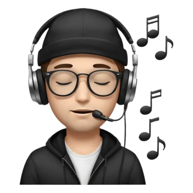 dj man white with baseball cap - rayban glasses - brown hair - closed eyes with headphones on with musical note over head (listening to music ) - eyes closed no glasses - black hat  musical notes floating around head - NO GLASSES sticker