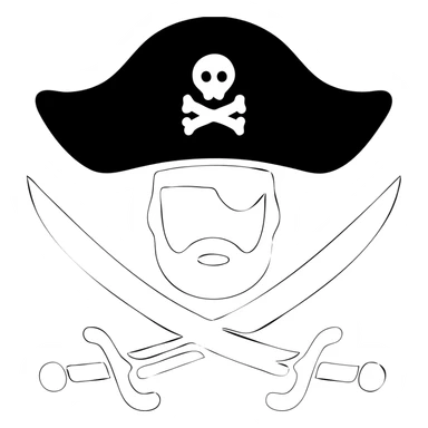 Change the swords and the pirate head to green. Ensure the background behind the swords and the head is pure white and hollow, with no black fill or shadow. Keep the hat black with the small skull-and-crossbones symbol. Maintain the clean, bold icon style. sticker