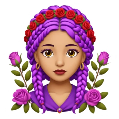 Olive skin queen with purple braids, brown eyes surrounded by roses sticker